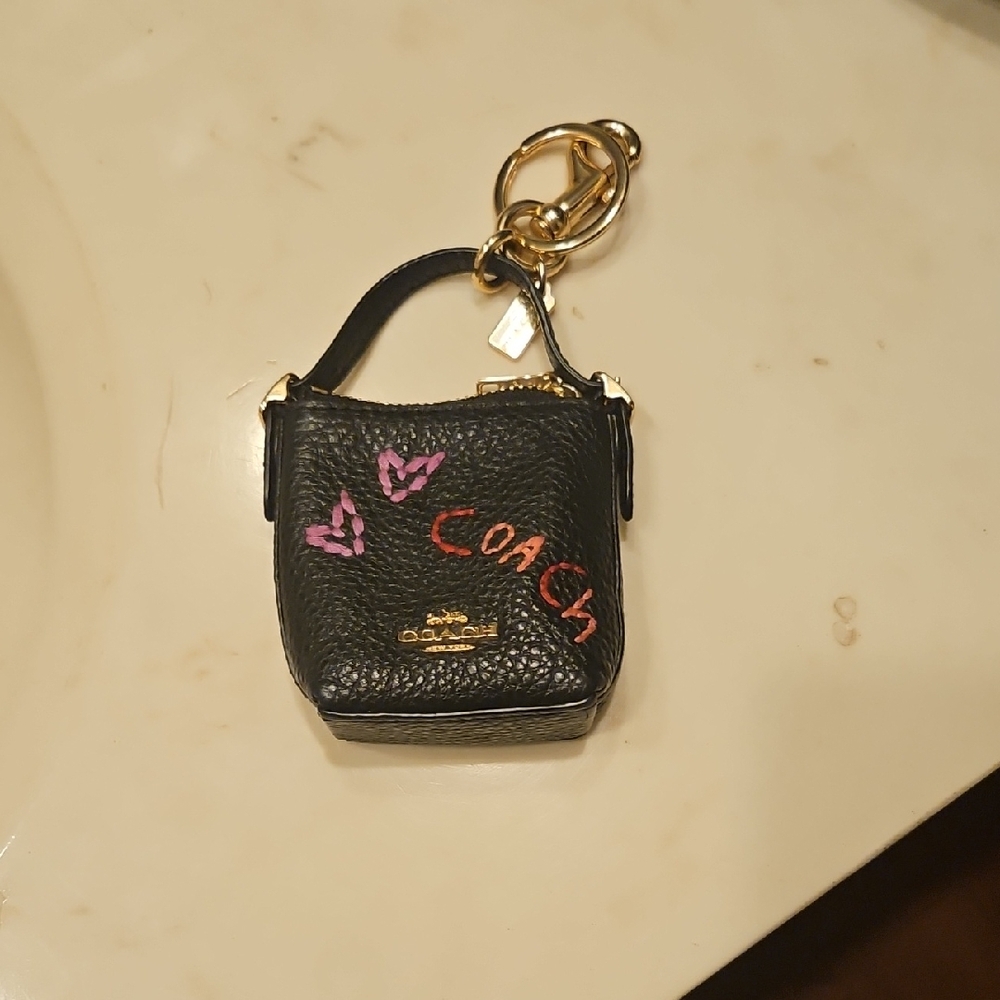 Coach Black Leather Keychain with Pink Accents